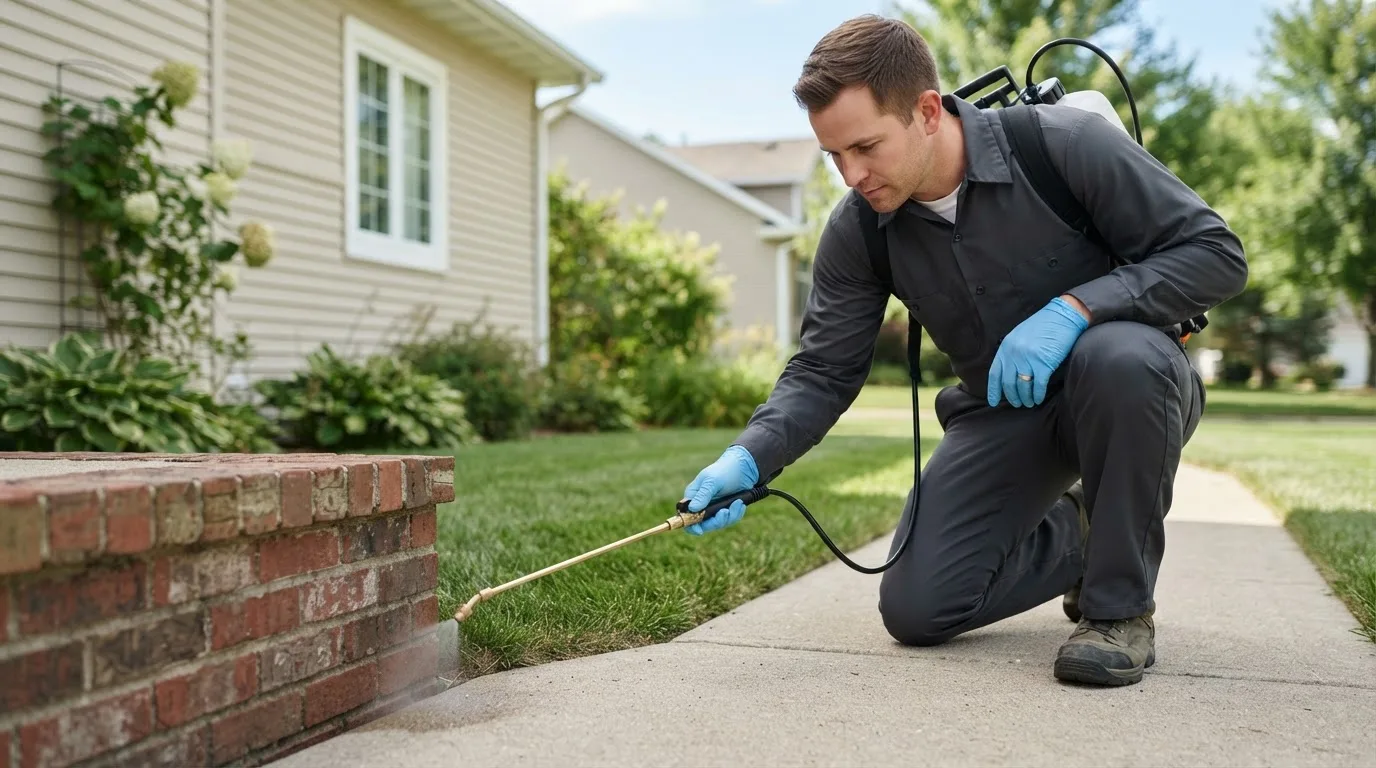 Pest control technician treating a home near Mayer, MN